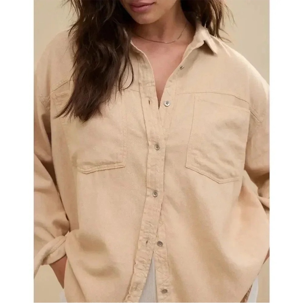 aerie pale light pink blush long sleeve button up shirt with collar size large - Picture 7 of 8